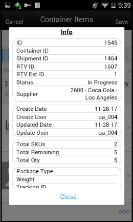 Container Info Screen