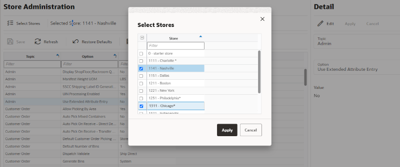 Store Administration Screen - Select Stores