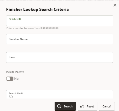 Finisher Lookup Search Criteria