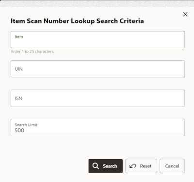 Item Scan Number Lookup Search Criteria