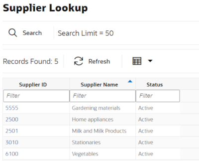 Supplier Lookup Screen