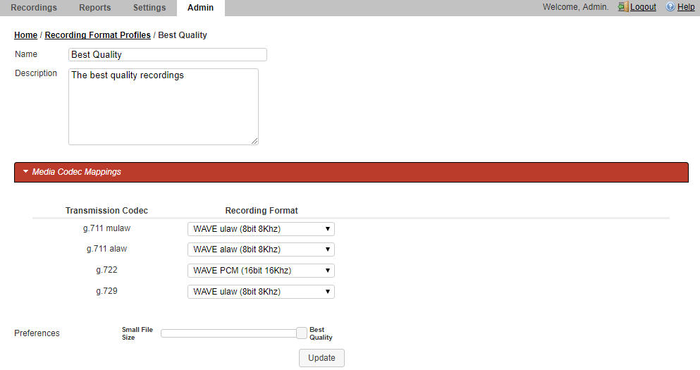 This screenshot shows the Edit Recording Format Profile page.