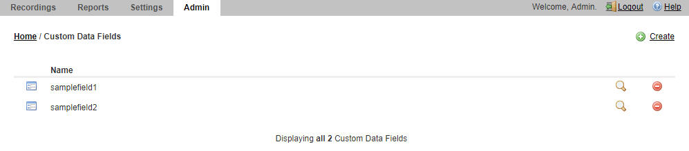 This screenshot shows the Custom Data Fields page.