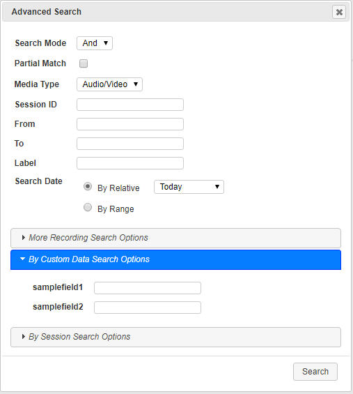 This screenshot shows the Custom Data Fields advanced search dialog box.