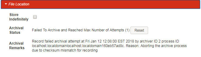 This screenshot shows an example of the Recording Details page when a checksum violation occurs.