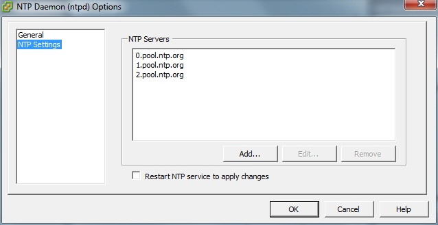 This screenshot shows the NTP Daemon Options, NTP Settings dialog box.