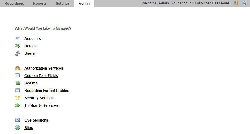 This screenshot shows the Admin page.