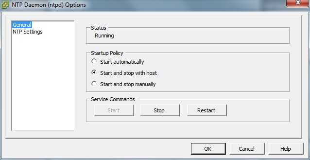 This screenshot shows the NTP Daemon Options General dialog box.