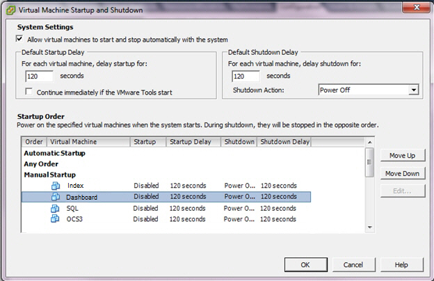 This screenshot shows the Virtual Machine Startup and Shutdown dialog box.