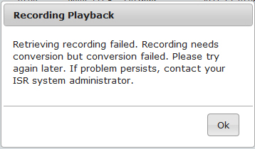 This screenshot shows the Recording Playback dialog box when a conversion was unsuccessful.