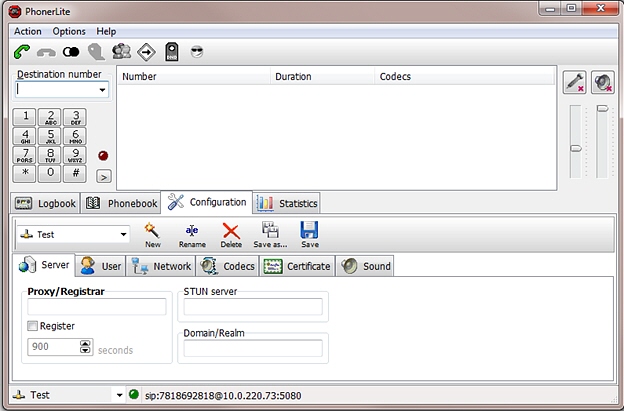 This screenshot shows an example of a destination number in the Softphone client.