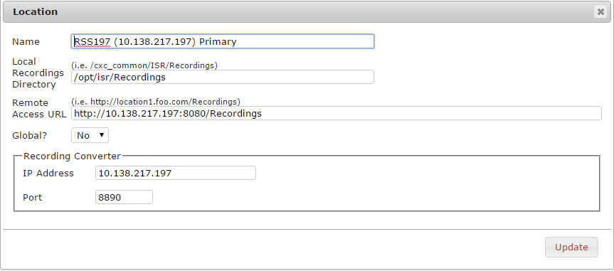 This screenshot shows the Location configuration page.