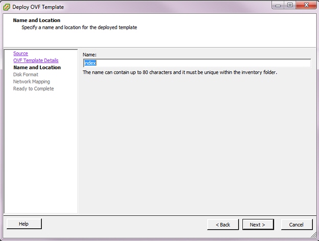 This screenshot shows the Deploy OVF Template Name and Location dialog box.