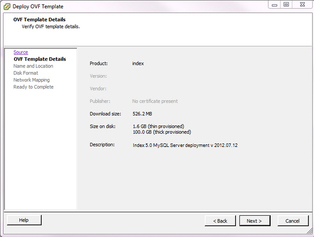 This screenshot shows the Deploy OVF Template OVF Template Details dialog box.