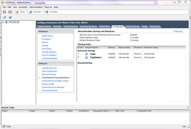 This screenshot shows the vSphere Client configuration's Virtual Machine Startup and Shutdown page.