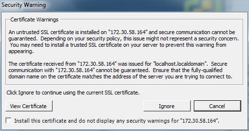 This screenshot shows the security warning displayed upon login.
