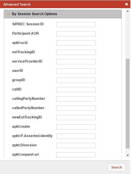 This screenshot shows the recordings advanced search by session search options dialog box.