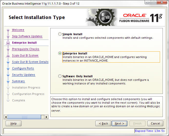 The Select Installation Type window shows the selection of the Enterprise Install option which is used to install binaries in an ORACLE_HOME and configure working instances in an INSTANCE_HOME.