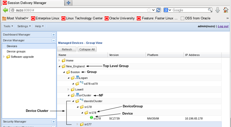 Device groups are arranged in a hierarchical structure. The top level group is New England. A sub-level group is Boston. In this sub-level group there is a network function. Within the network function folder, there is a device cluster folder. In this folder there can be several high-level device folders in the device cluster folder. In the device folder there is a device group folder that contains the actual device or devices. If there is more than one device in this folder it would be a high-availability pair. Device groups are arranged in a hierarchical structure. The top level group is New England. A sub-level group is Boston. In this sub-level group there is a network function. Within the network function folder, there is a device cluster folder. In this folder there can be several high-level device folders in the device cluster folder. In the device folder there is a device group folder that contains the actual device or devices. If there is more than one device in this folder it would be a high-availability pair.