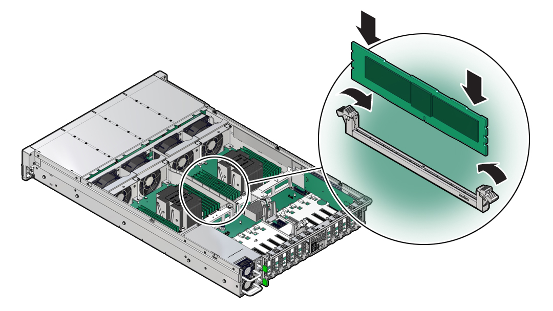 image:图中显示了将内存 DIMM 安装到控制器中的过程。