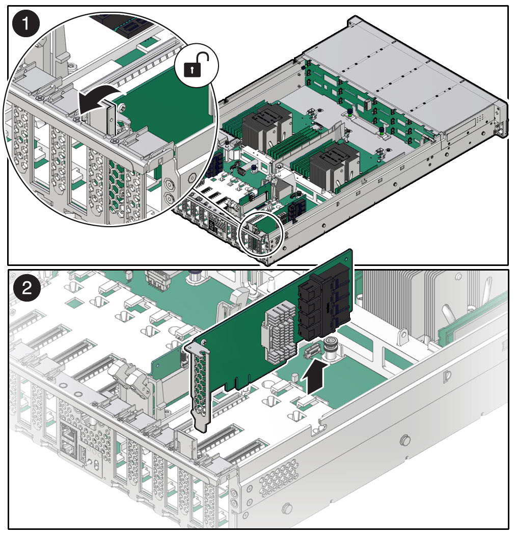 image:图中显示了从控制器中移除 PCIe 卡的过程。