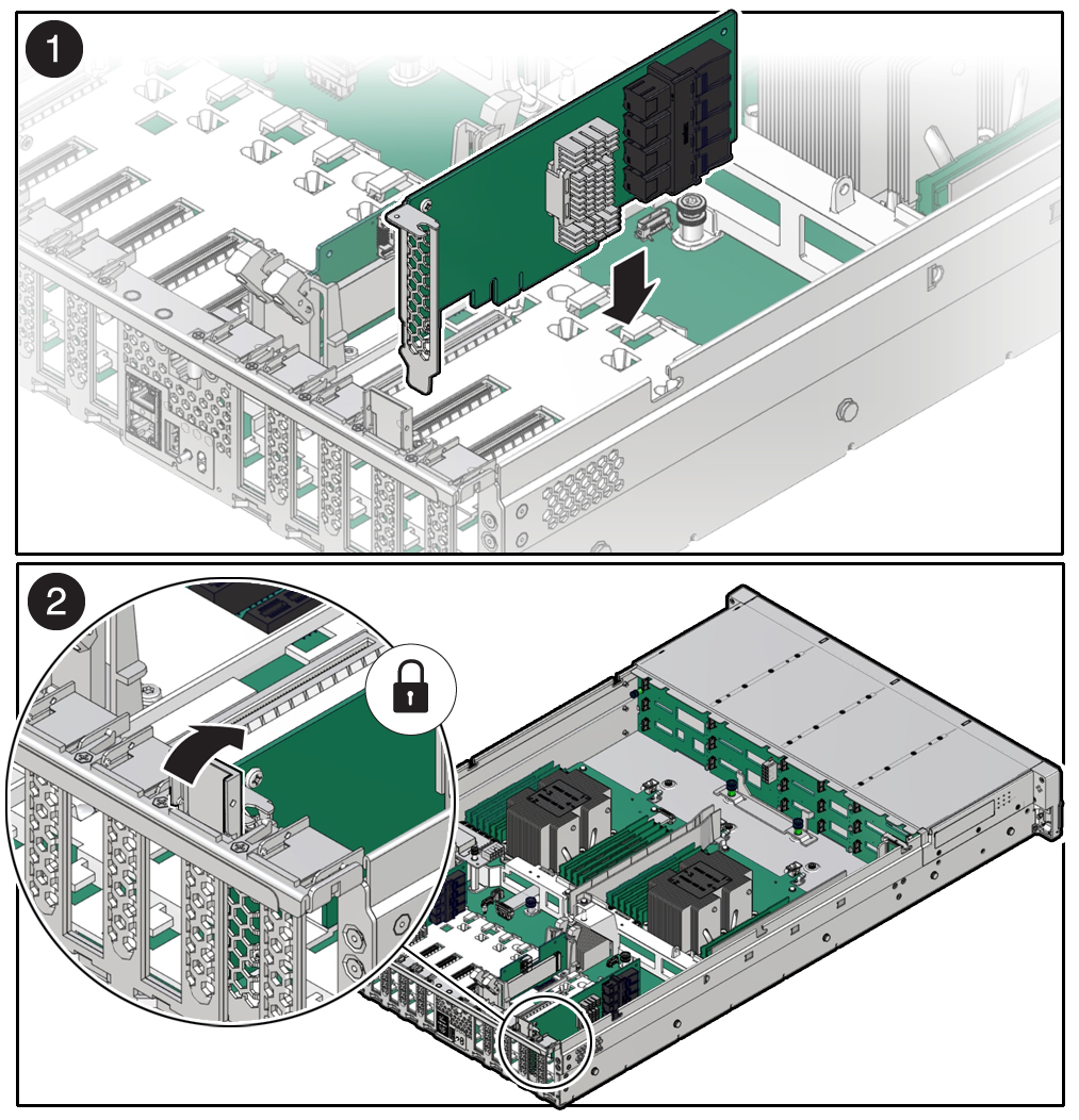 image:图中显示了将 PCIe 卡安装到控制器中的过程。