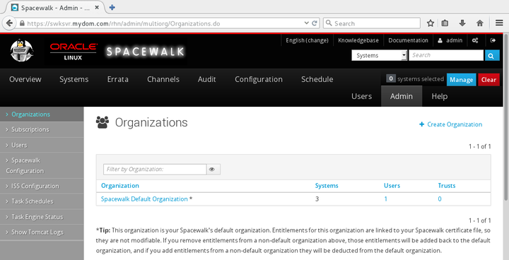 イメージには、Spacewalk Webインタフェースの組織ページが表示されます。