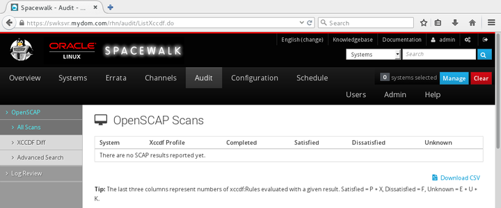 イメージには、Spacewalk Webインタフェースの「OpenSCAPスキャン」ページが表示されます。