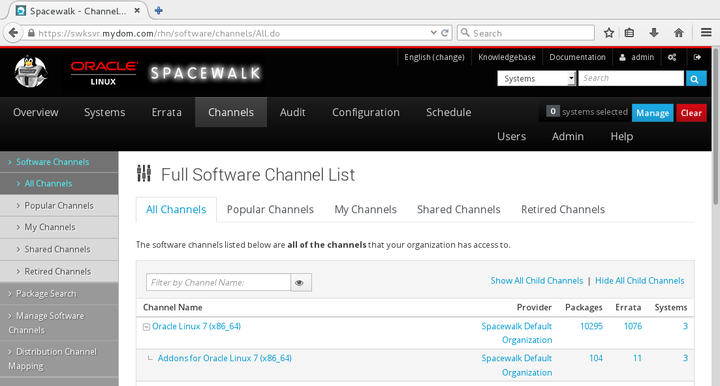 イメージには、Spacewalk Webインタフェースの「完全なソフトウェア・チャネル・リスト」ページが表示されます。