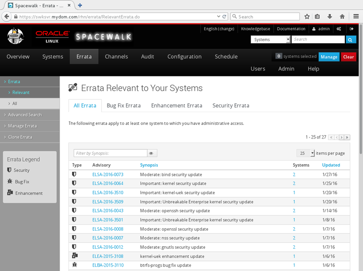 イメージには、Spacewalk Webインタフェースの「あなたのシステム」ページに関連するErrata関連のページが表示されます。