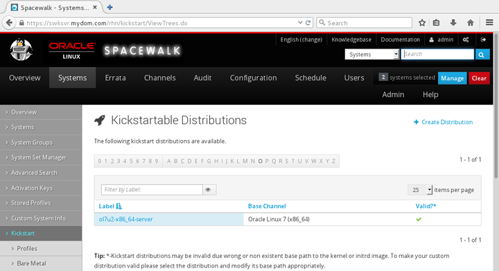 イメージには、Spacewalk Webインタフェースの「キックスタート可能なディストリビューション」ページが表示されます。