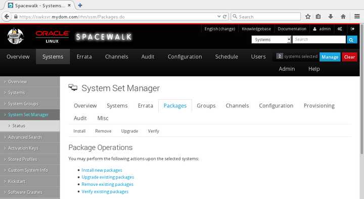 イメージには、Spacewalk Webインタフェースの「パッケージ操作」ページが表示されます。