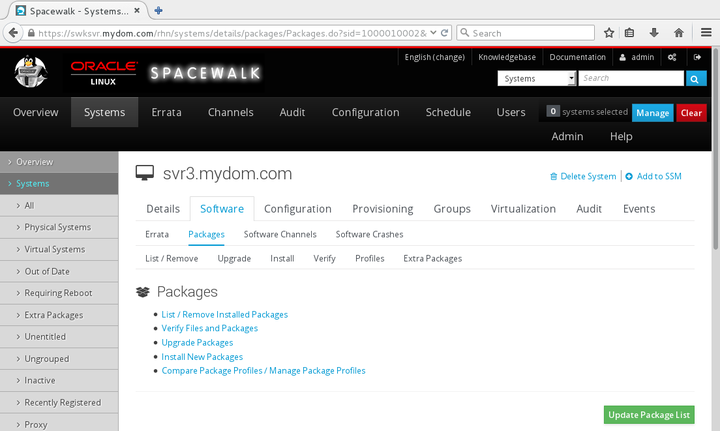 イメージは、Spacewalk WebインタフェースのPackagesページを示しています。