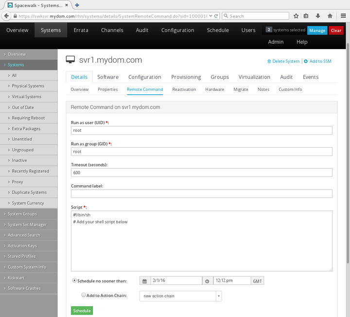 イメージには、Spacewalk Webインタフェースの「リモート・コマンド」ページが表示されます。
