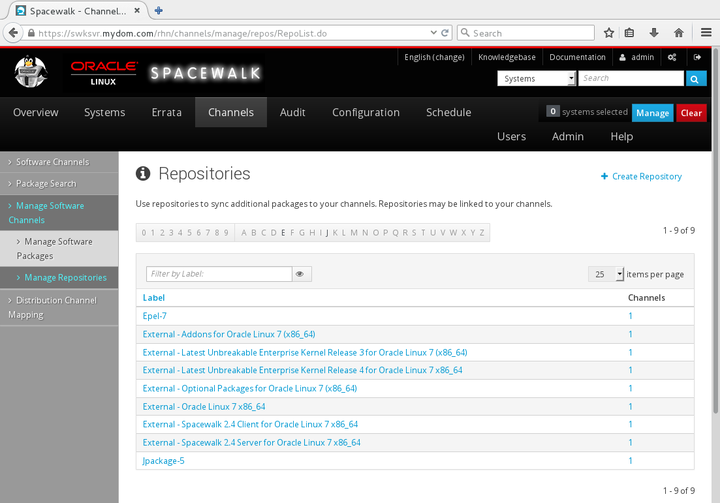 イメージは、Spacewalk WebインタフェースのRepositoriesページを表示します。