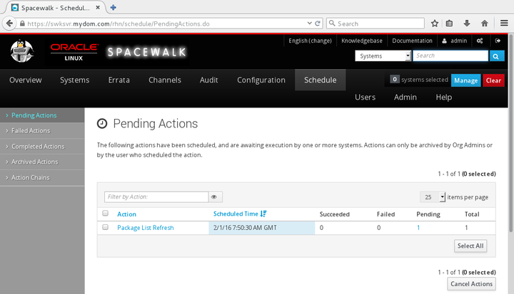 イメージには、Spacewalk Webインタフェースの「保留中のアクション」ページが表示されます。