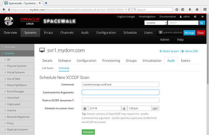 イメージには、Spacewalk Webインタフェースの「新しいXCCDFスキャンをスケジュール」ページが表示されます。