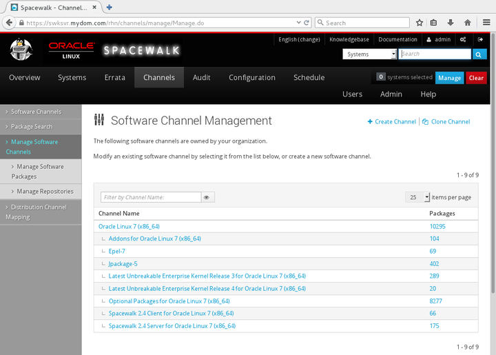 イメージには、Spacewalk Webインタフェースの「ソフトウェア・チャネル管理」ページが表示されます。