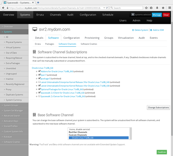 イメージには、Spacewalk Webインタフェースの「ソフトウェア・チャネルのサブスクリプション」ページが表示されます。