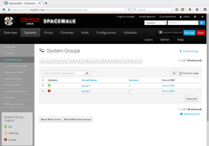 イメージには、Spacewalk Webインタフェースの「システム・グループ」ページが表示されます。