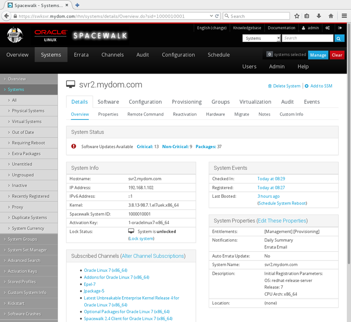 イメージには、Spacewalk Webインタフェースの「システム・ステータス」ページが表示されます。