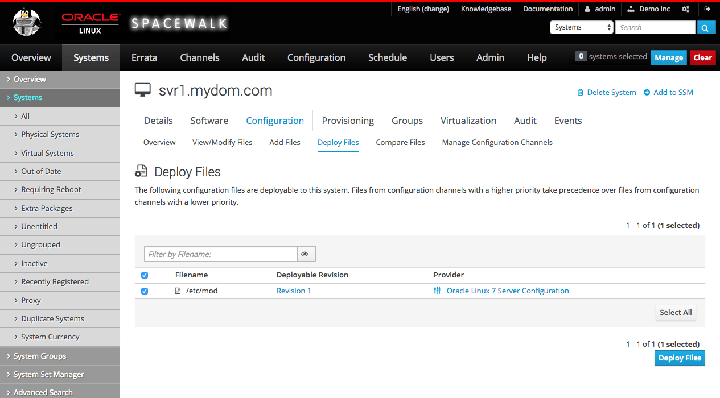 イメージには、Spacewalk Webインタフェースの「ファイルをデプロイ」ページが表示されます。