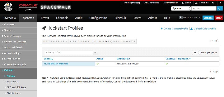 イメージには、Spacewalk Webインタフェースの「キックスタート可能なプロファイル」ページが表示されます。
