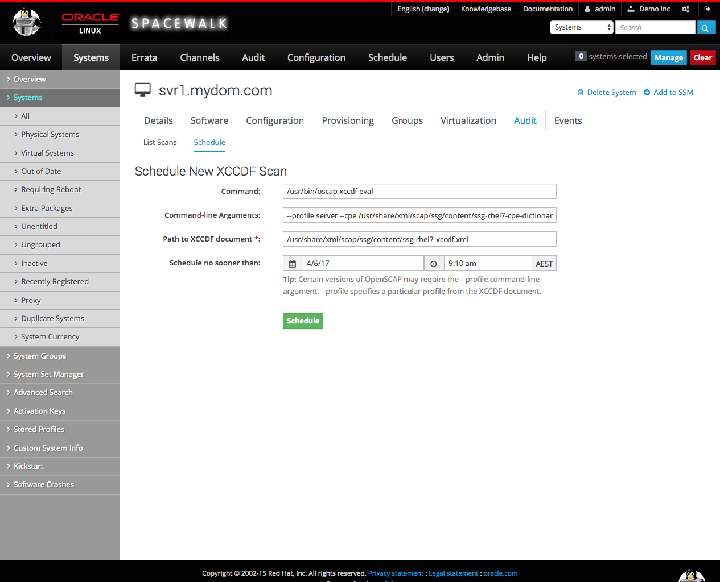 イメージには、Spacewalk Webインタフェースの「新しいXCCDFスキャンをスケジュール」ページが表示されます。