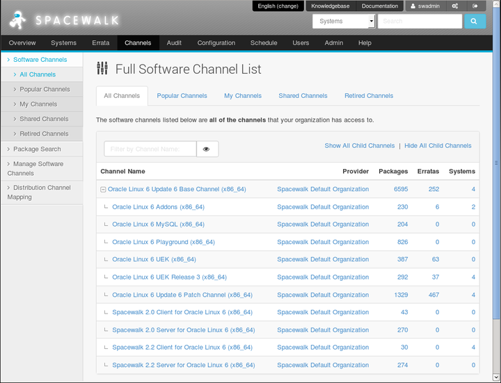 イメージには、Spacewalk Webインタフェースの「完全なソフトウェア・チャネル・リスト」ページが表示されます。