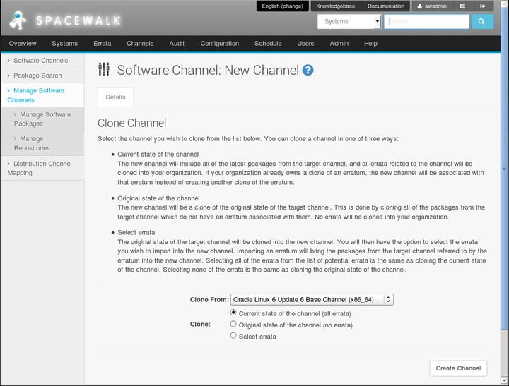 イメージには、Spacewalk Webインタフェースの「クローン・チャネル」ページが表示されます。