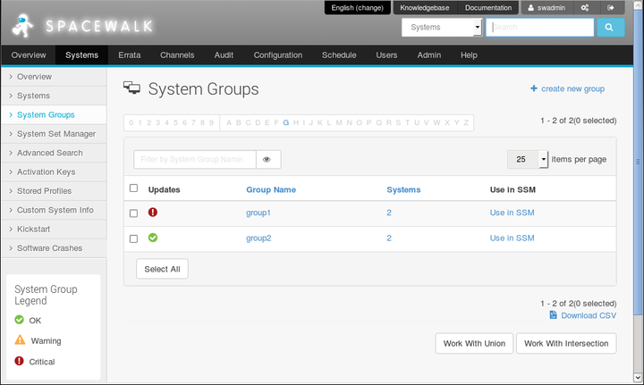 イメージには、Spacewalk Webインタフェースの「システム・グループ」ページが表示されます。