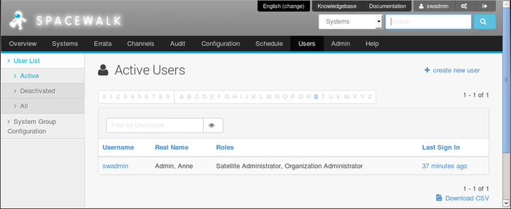 イメージには、Spacewalk Webインタフェースの「アクティブ・ユーザー」ページが表示されます。