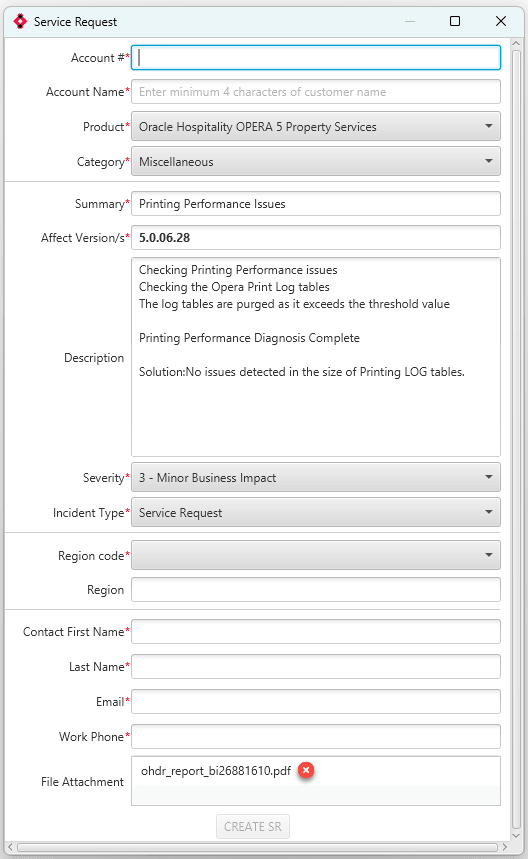 Sample Create SR form