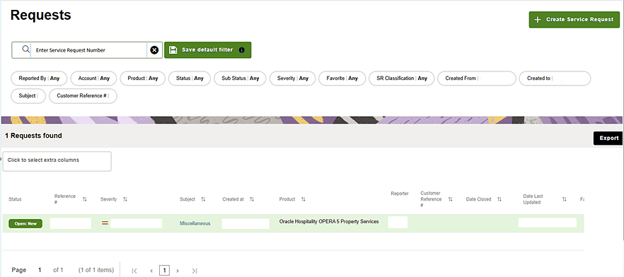 Customer Support Portal SR search screen